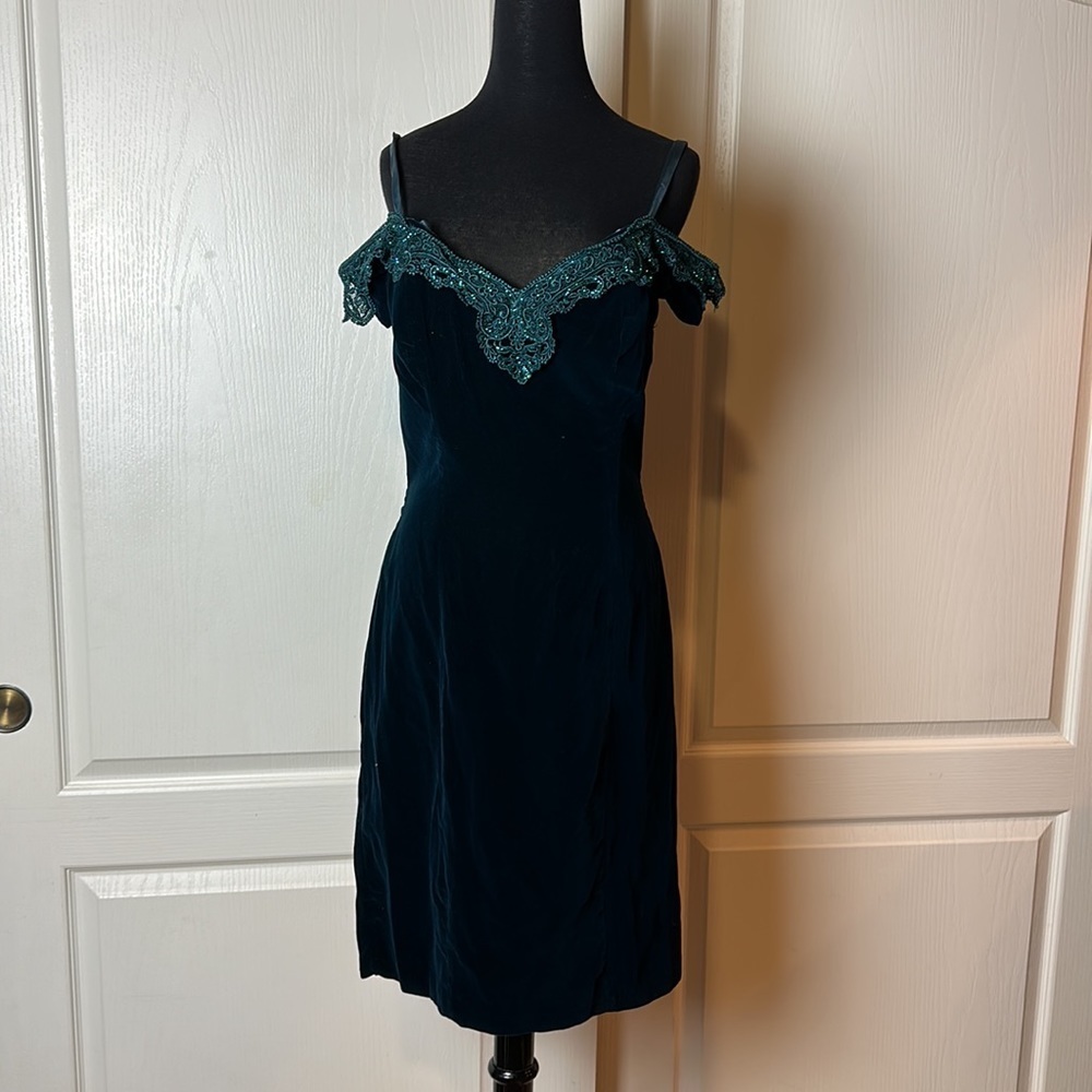 80s VINTAGE TEAL VELVET OFF THE SHOULDER DRESS cocktail party formal
